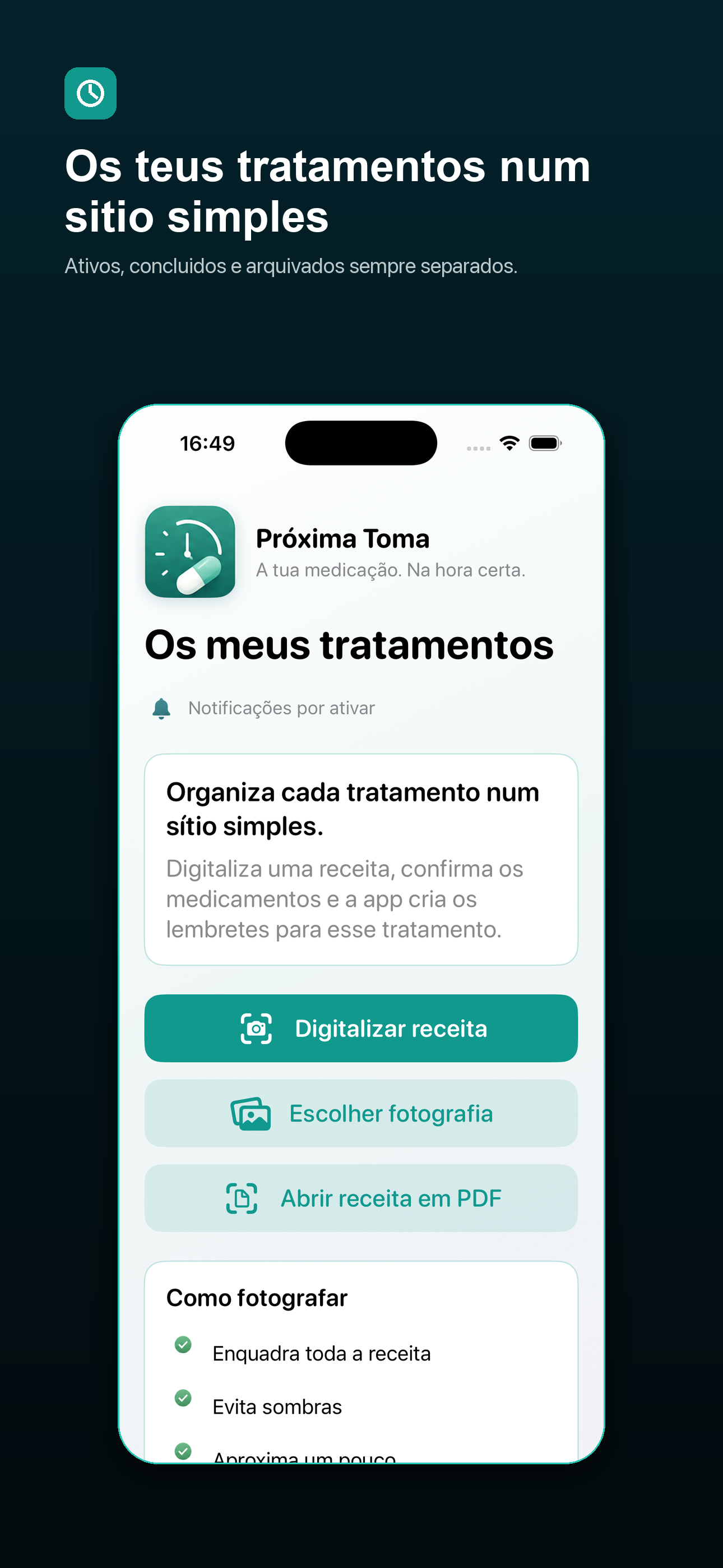 Ecrã principal com a lista de tratamentos ativos.