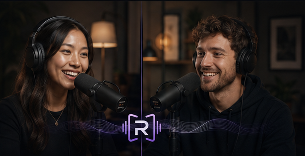 Two remote podcast participants presented together in the same Roomer virtual studio