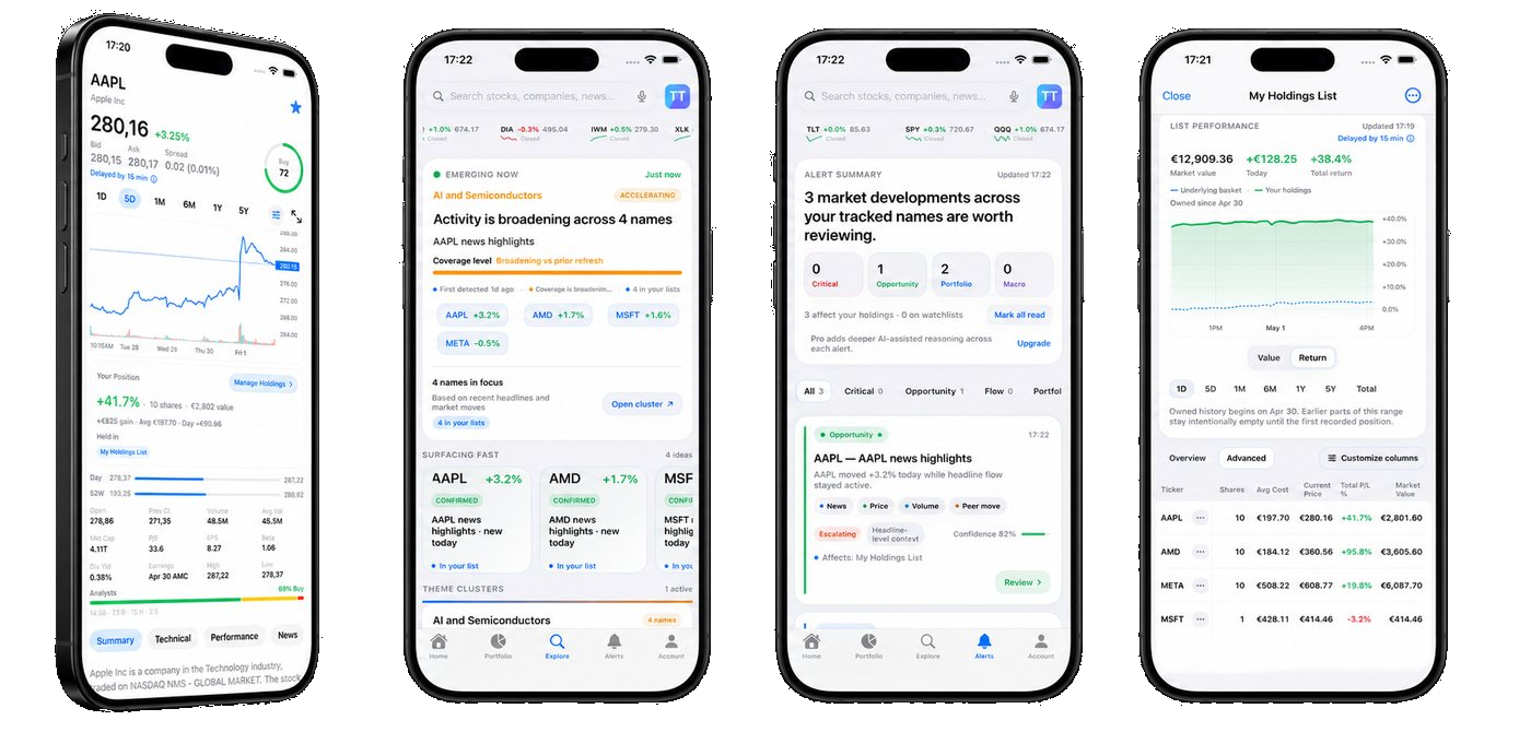 TutorTrade app screens showing briefings, alerts, and portfolio views